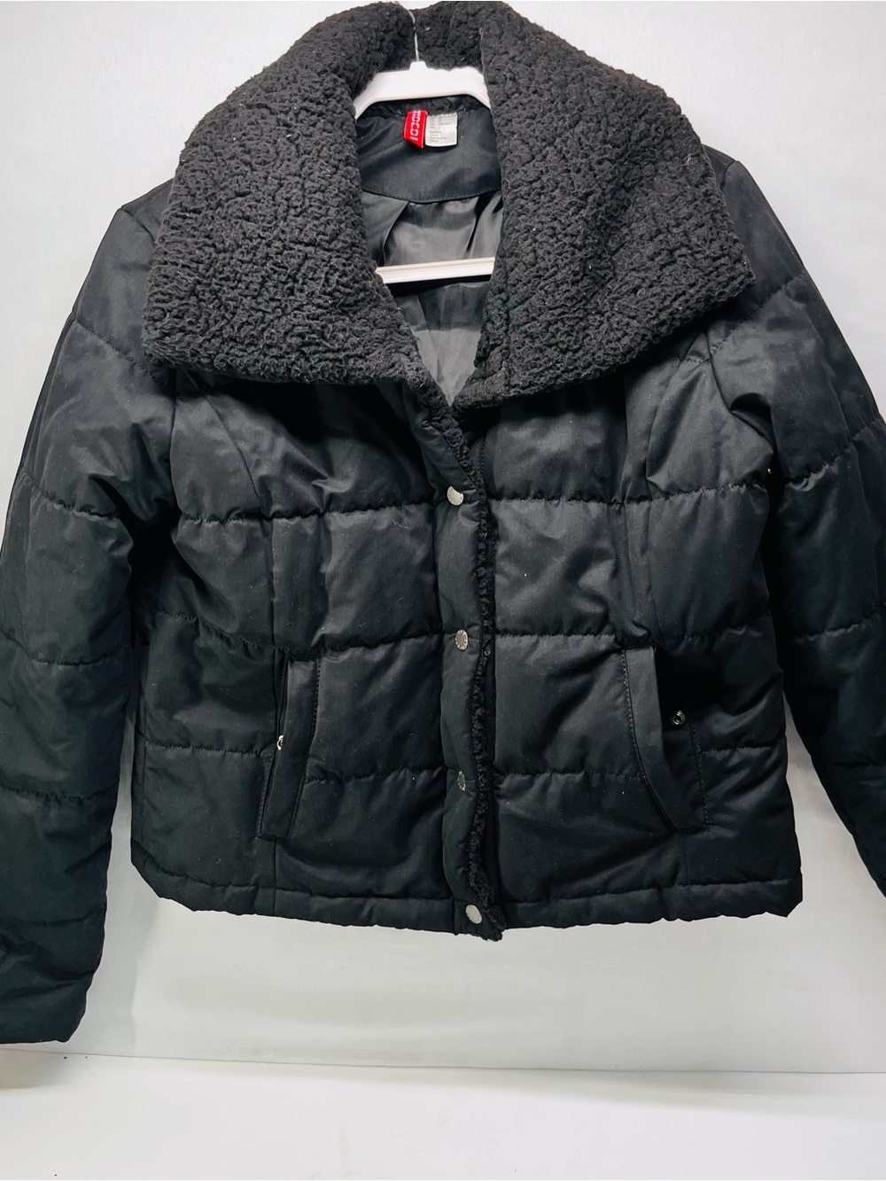 H&M Black Puffer Jacket with Sherpa Collar